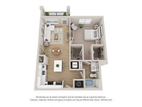 Floor plan for 1 bed, 1 bath, 855 sqft